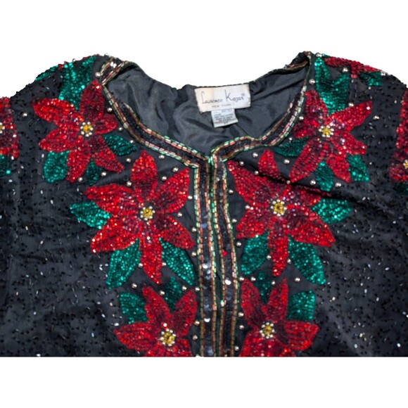 Laurence Kazar Sequin Beaded Embellished Christmas Poinsettia Sweater 2X Jacket - Picture 3 of 8
